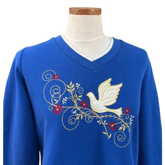 Vintage Laura Scott Christmas Dove Sweater M Blue Embroidered Sequin 90s Holiday - Picture 1 of 9